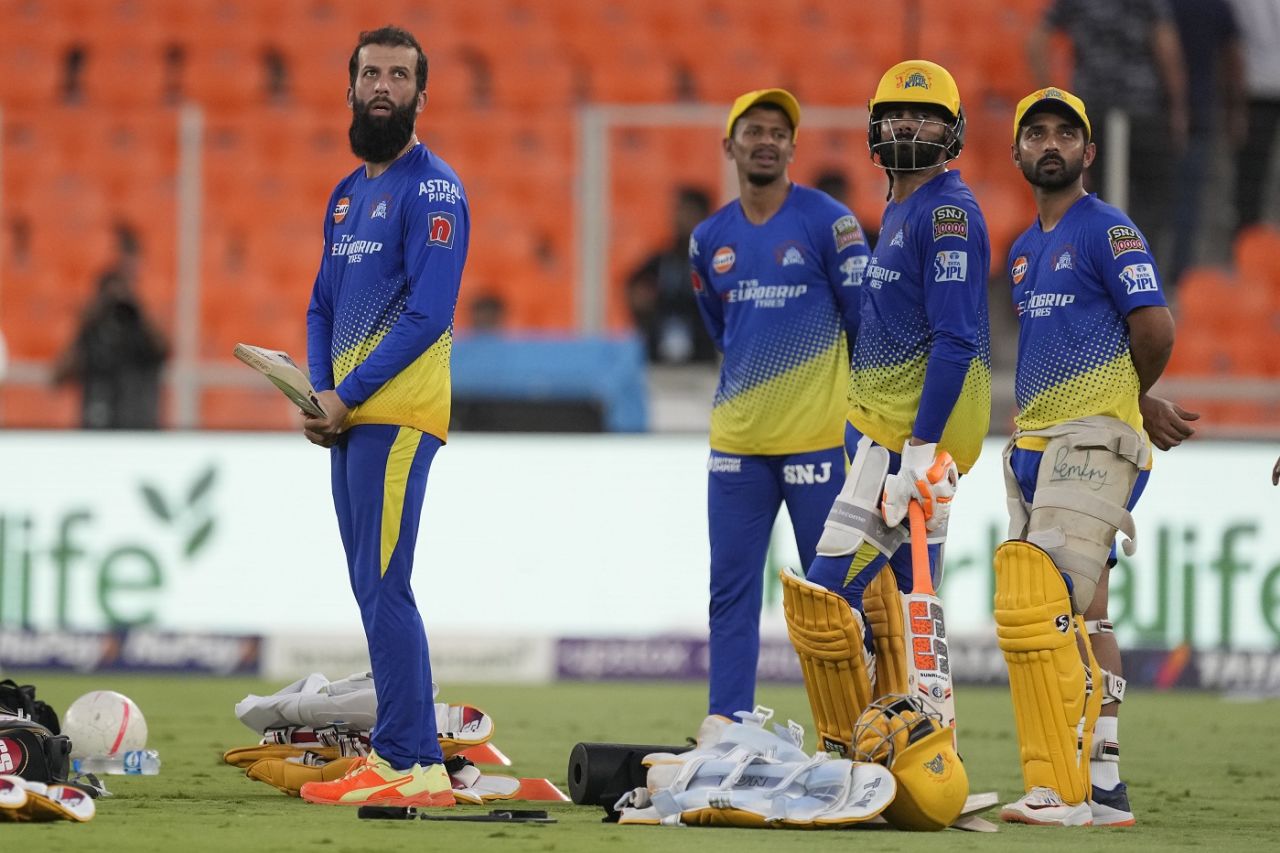 Moeen Ali, Subhranshu Senapti, Ravindra Jadeja and Ajinkya Rahane look on, Gujarat Titans vs Chennai Super Kings, IPL final, Ahmedabad, May 27, 2023