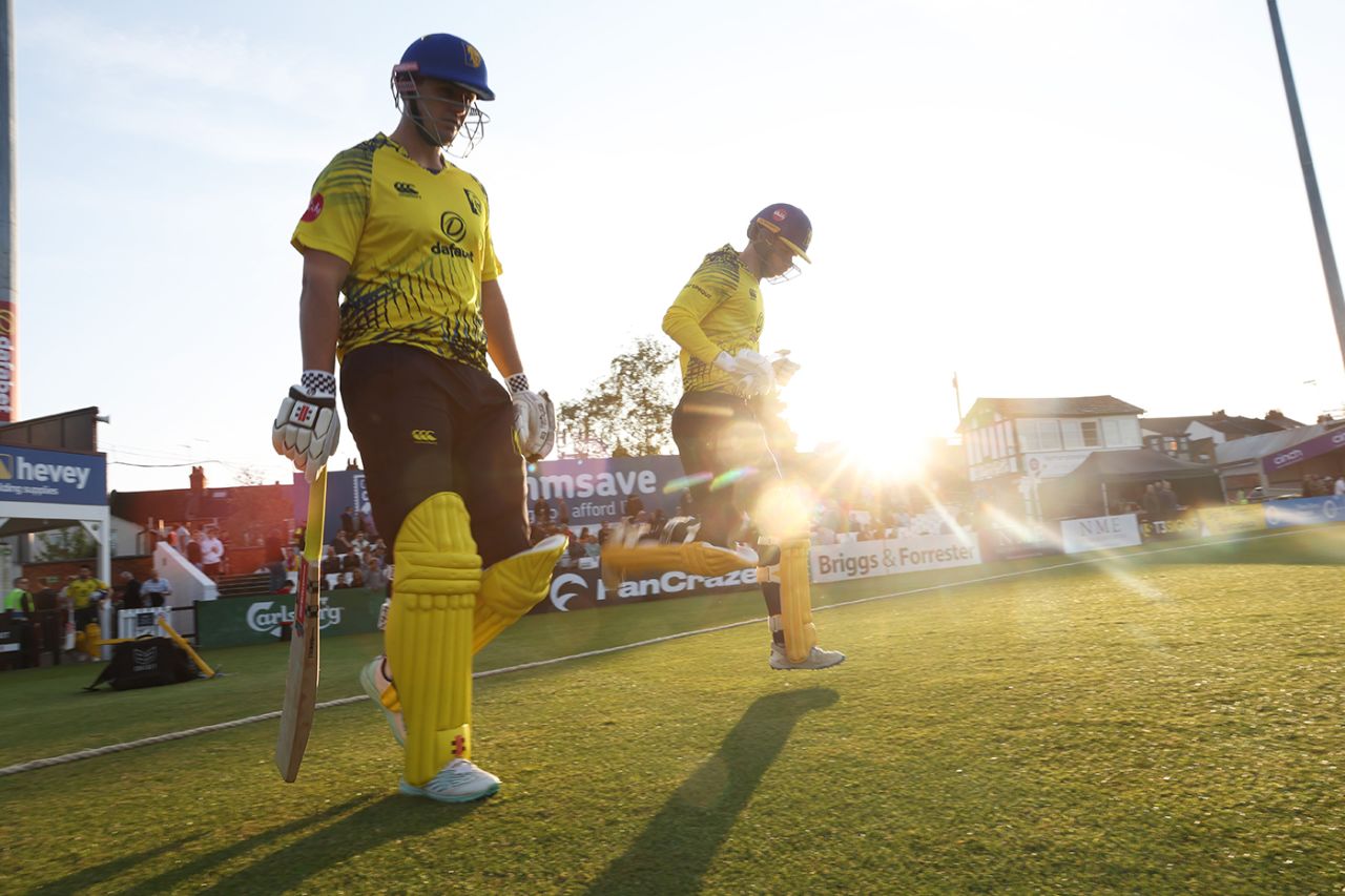 Alex Lees and Graham Clark walk out to bat, Northamptonshire vs Durham, Vitality Blast, Wantage Road, May 26, 2023