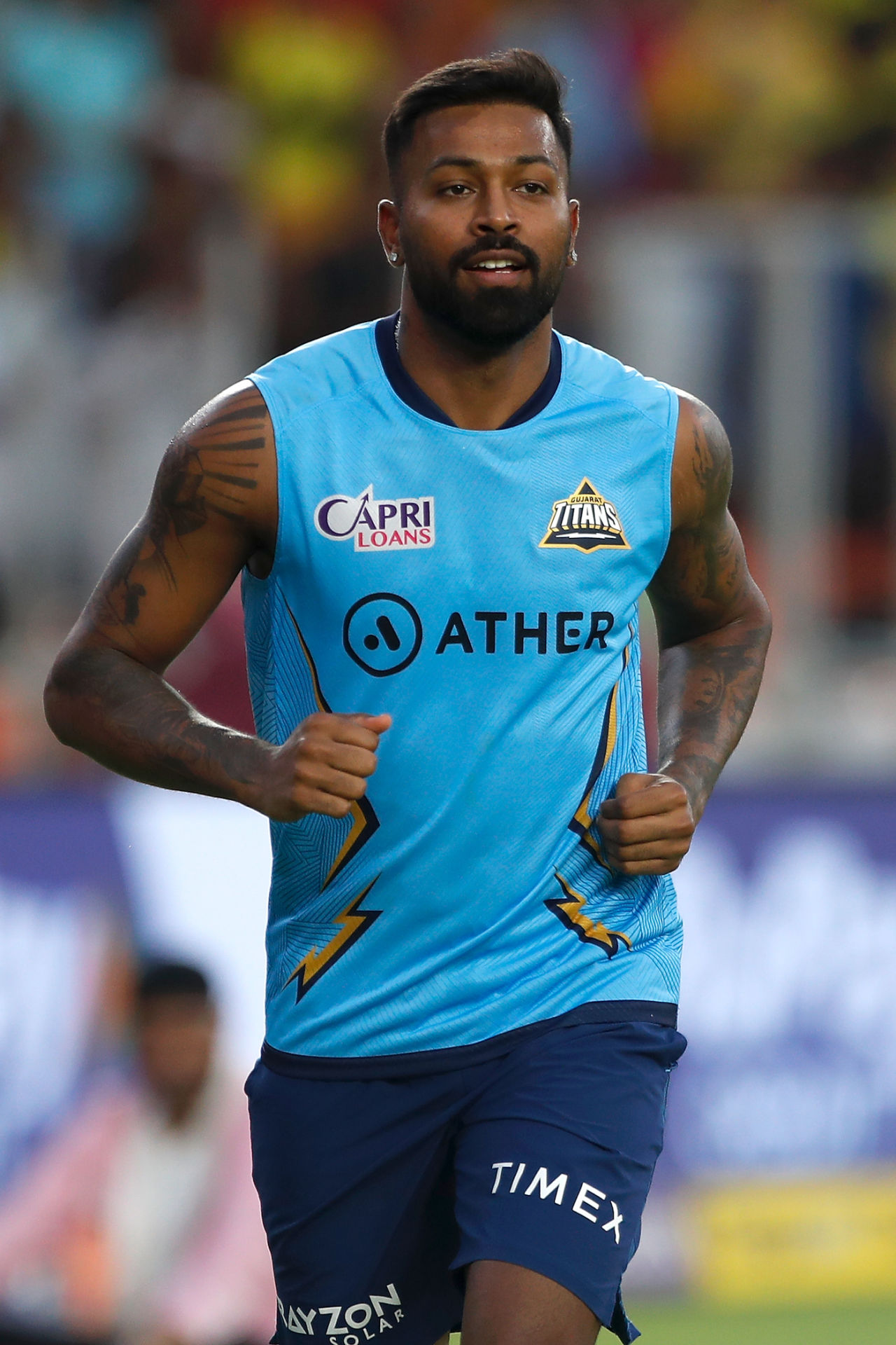 Hardik Pandya warms up before the toss, Chennai Super Kings vs Gujarat Titans, IPL 2023 final, Ahmedabad, May 29, 2023