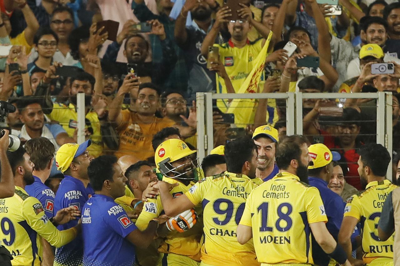 CSK mob their man-of-the-moment Ravindra Jadeja as the fans soak it all in, Chennai Super Kings vs Gujarat Titans, IPL 2023 final, Ahmedabad, May 29, 2023