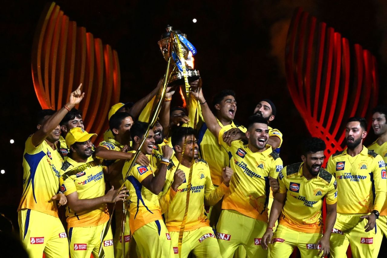 The CSK boys celebrate their fifth IPL title win, Chennai Super Kings vs Gujarat Titans, IPL 2023 final, Ahmedabad, May 29, 2023