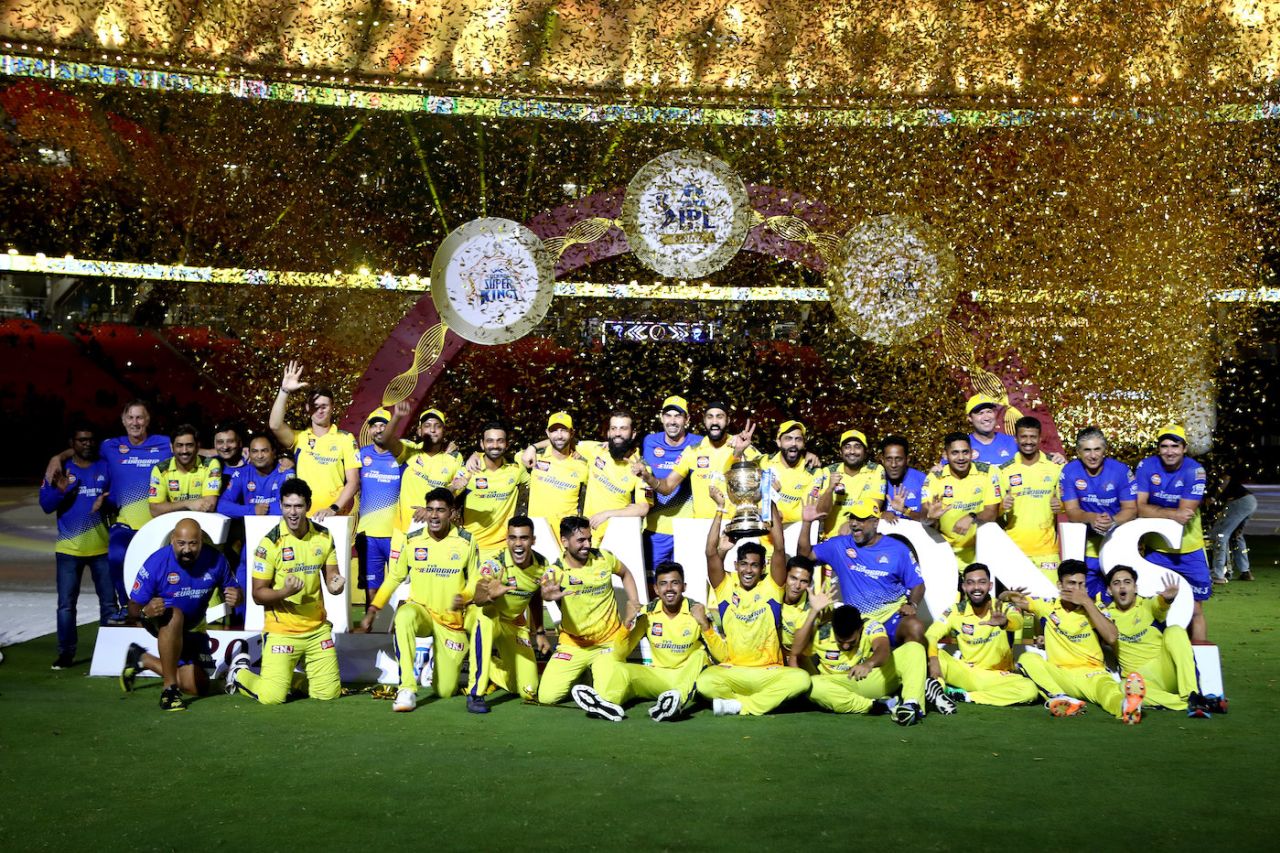The CSK players pose with the IPL 2023 trophy, Chennai Super Kings vs Gujarat Titans, IPL 2023 final, Ahmedabad, May 29, 2023