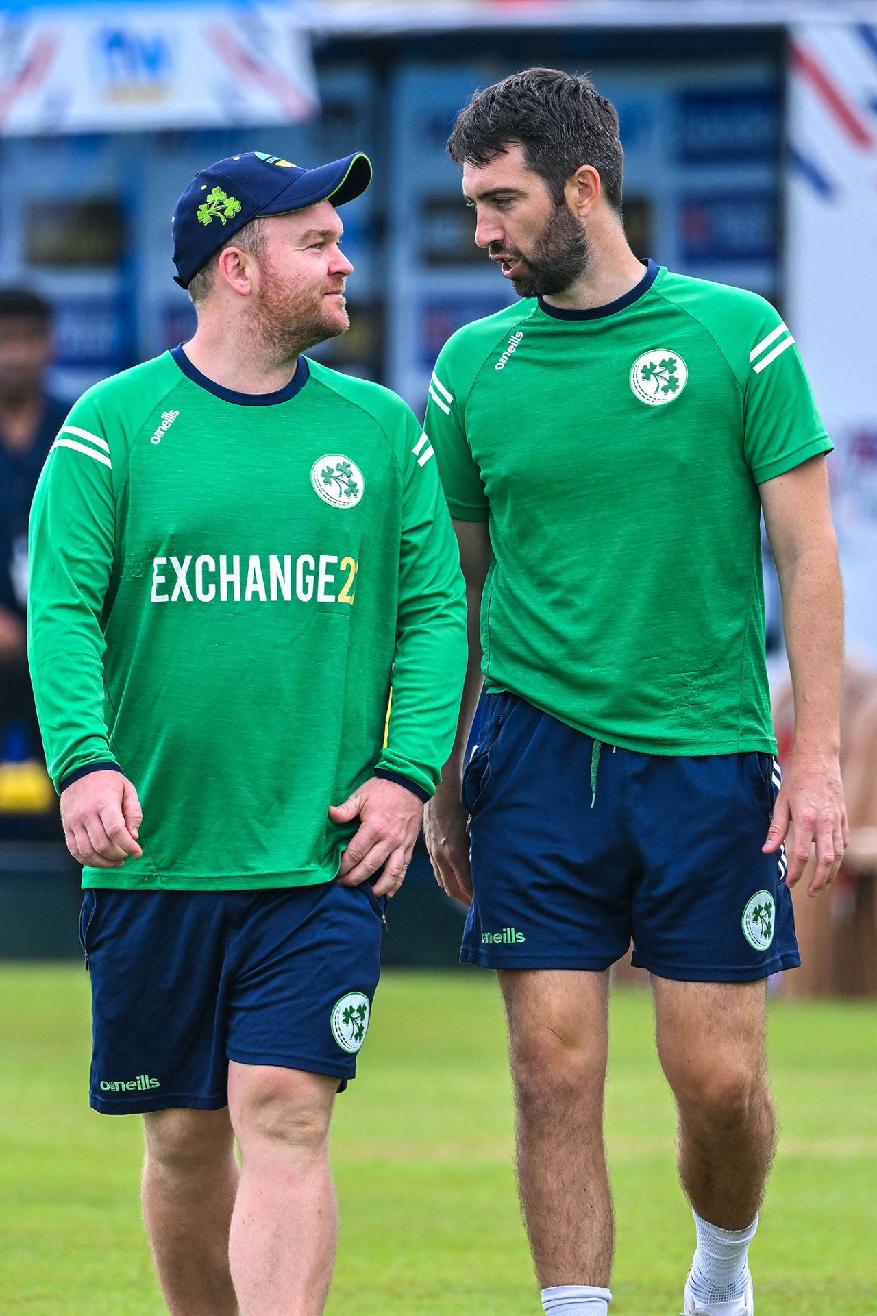 Andy Balbirnie and Paul Stirling chat at Ireland training in Galle, April 22, 2023