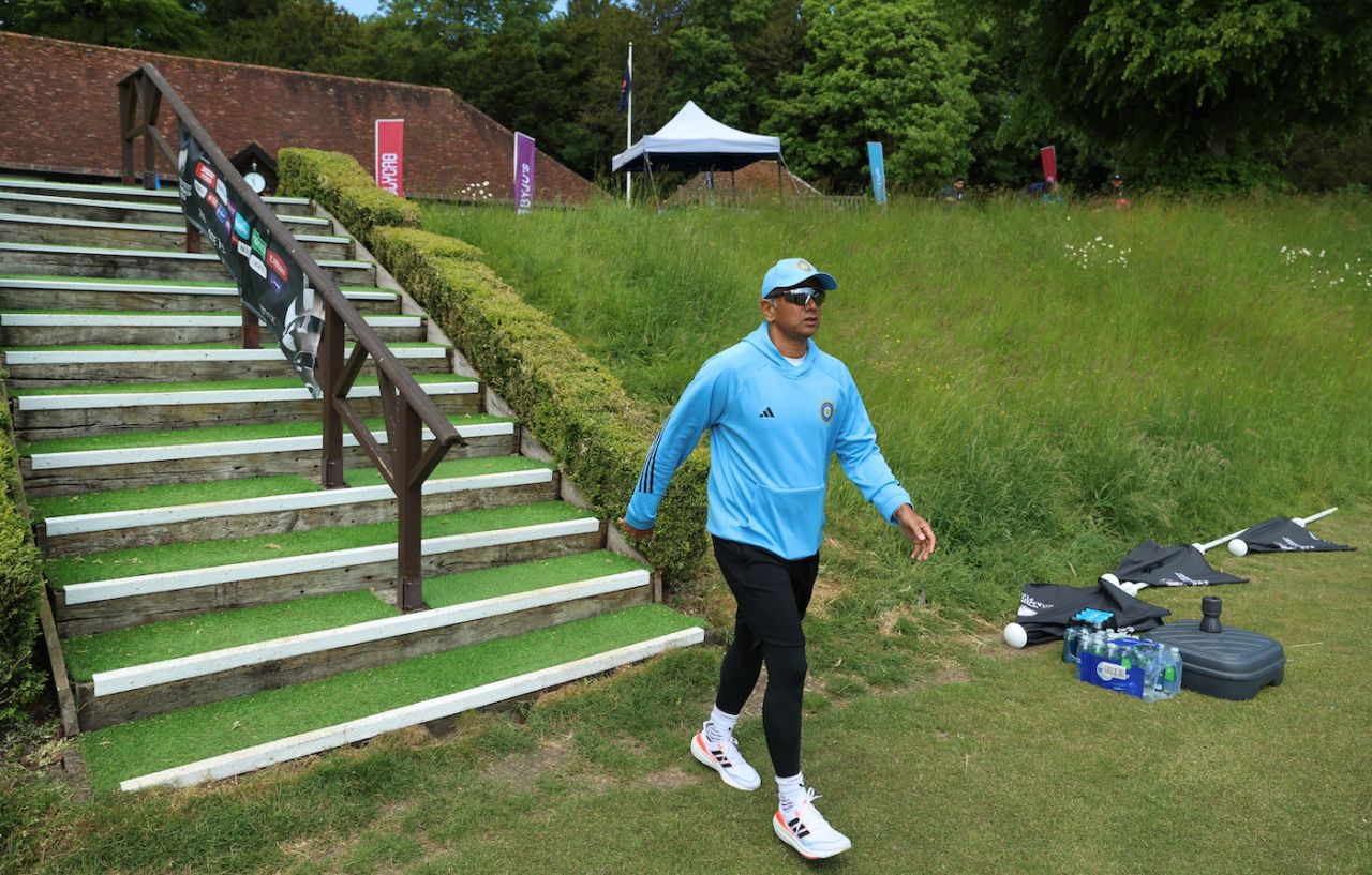 India coach Rahul Dravid walks out for a nets session, Arundel, May 30, 2023