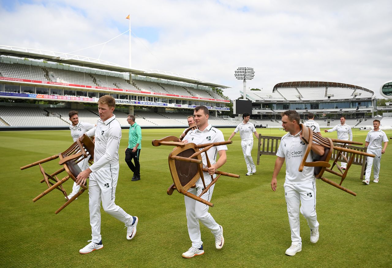 Ireland's players head back to the Long Room with their chairs after a squad photo, England vs Ireland, Only Men's Test, Lord's, May 30, 2023