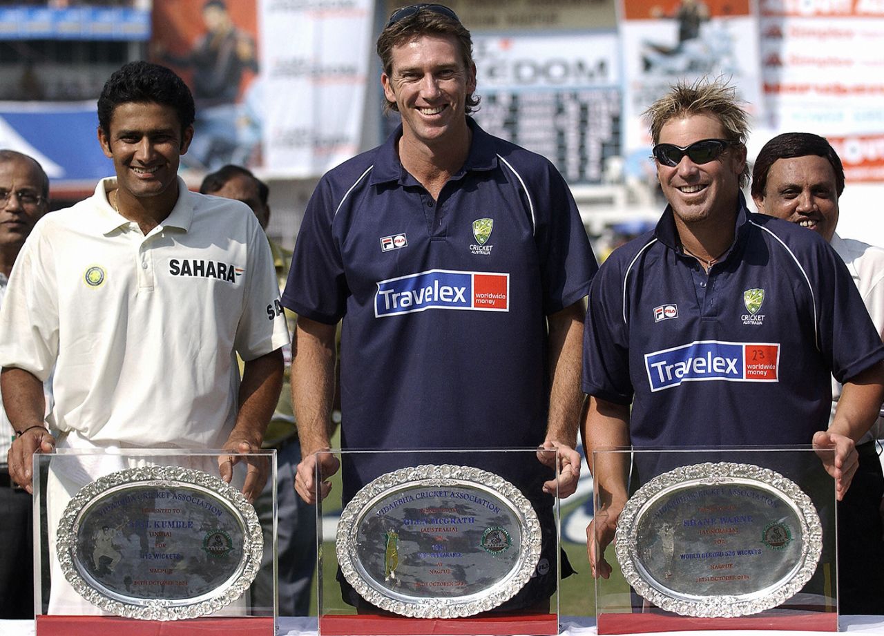 Anil Kumble, Glenn McGrath and Shane Warne pose with their respective awards, India v Australia, 3rd Test, Nagpur, 3rd day, October 28, 2004