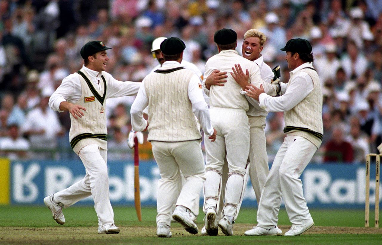 Shane Warne's team-mates gather around him after his dismissal of Mike Gatting, England v Australia, 1st Test, Old Trafford, June 4, 1993