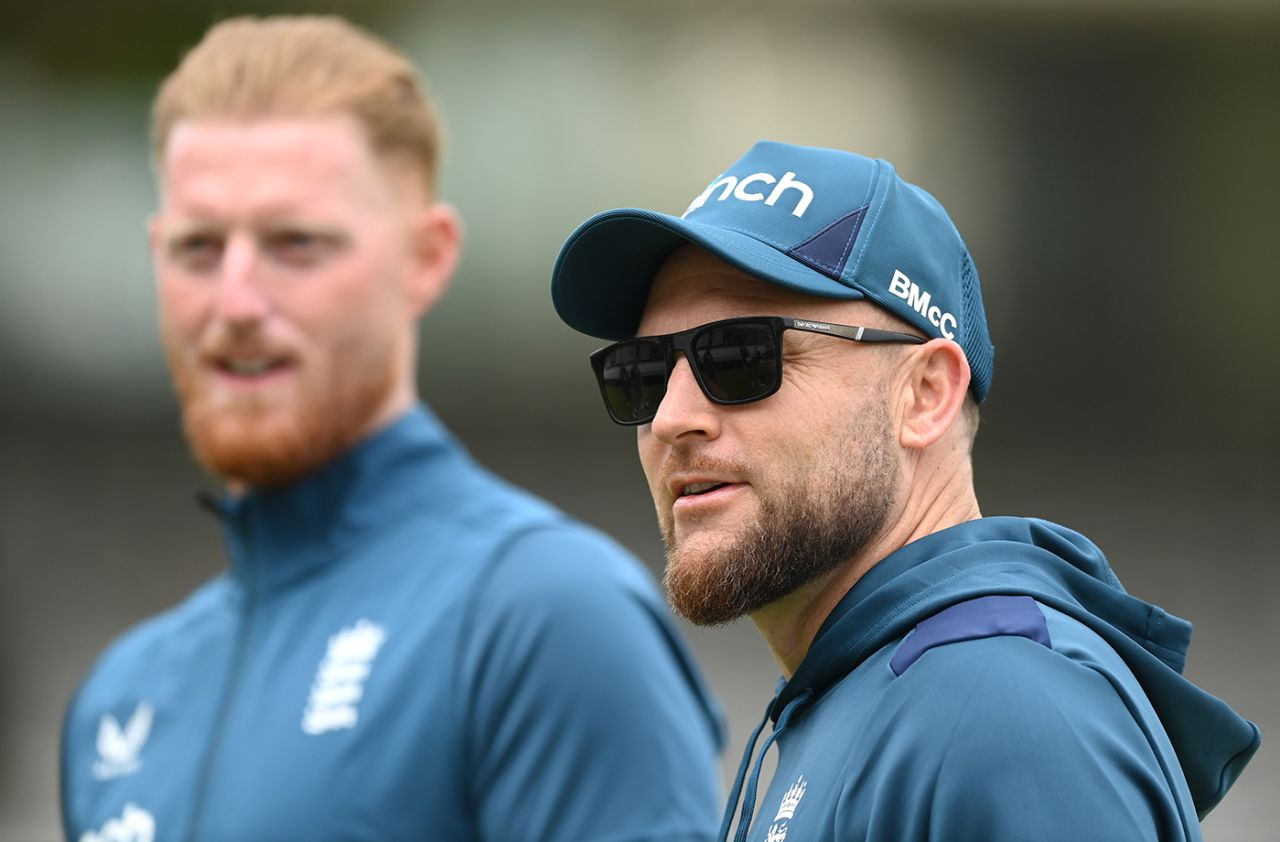 Brendon McCullum keeps an eye on training at Lord's - with Ben Stokes behind him, England vs Ireland, Lord's practice, May 29, 2023