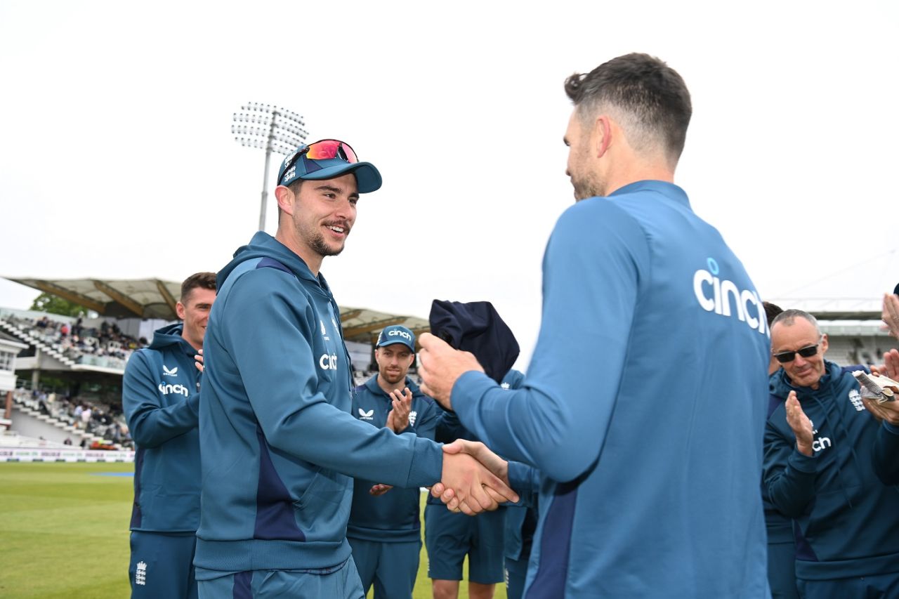 Josh Tongue receives his Test cap from James Anderson, England vs Ireland, only Test, Lord's, 1st day, June 1, 2023