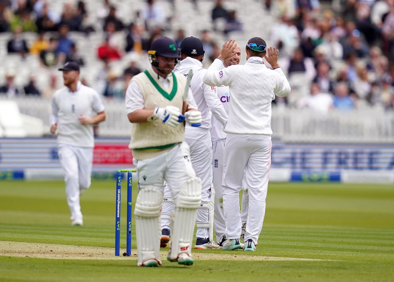 Paul Stirling gloved a sweep behind off Jack Leach, England vs Ireland, only Test, Lord's, 1st day, June 1, 2023