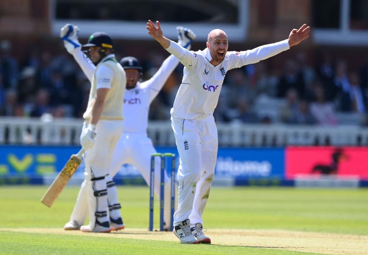 Jack Leach appeals successfully for Lorcan Tucker's wicket, England vs Ireland, only Test, Lord's, 1st day, June 1, 2023