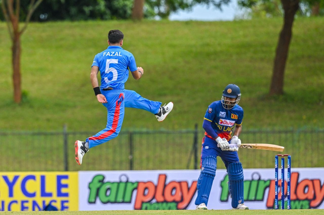 Fazalhaq Farooqi celebrates the dismissal of Dimuth Karunaratne, Sri Lanka vs Afghanistan, 1st ODI, Hambantota, June 2, 2023
