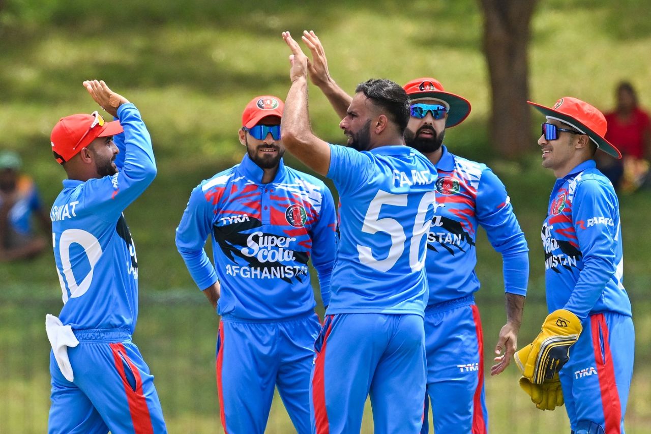 Fareed Ahmad celebrates with team-mates, Sri Lanka vs Afghanistan, 1st ODI, Hambantota, June 2, 2023