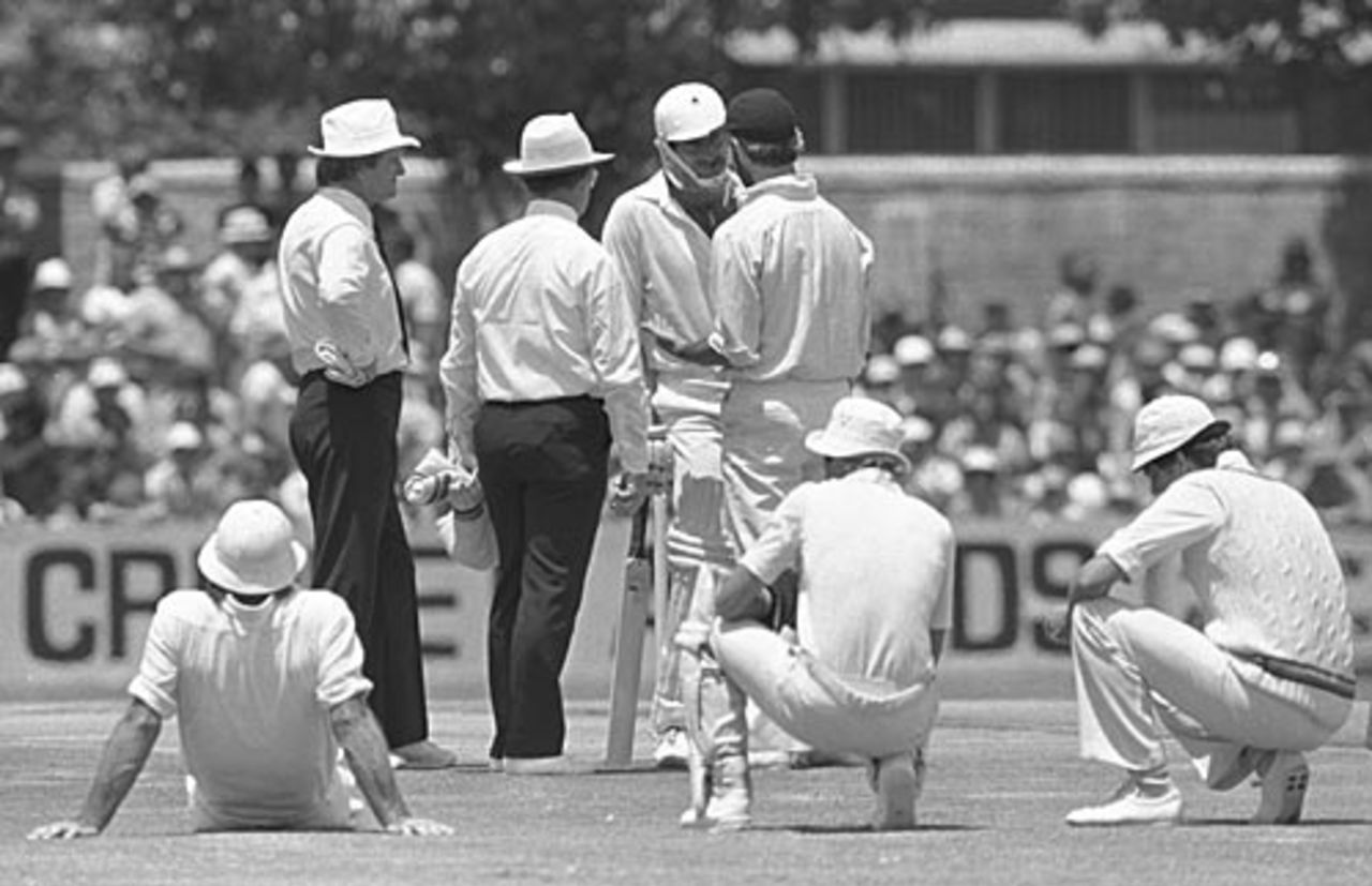 Dennis Lillee argues with Mike Brearley over the legality of Lillee's aluminium bat. Lillee eventually switched to a traditional wooden bat, Australia v England, 1st Test,  Perth, December 1979