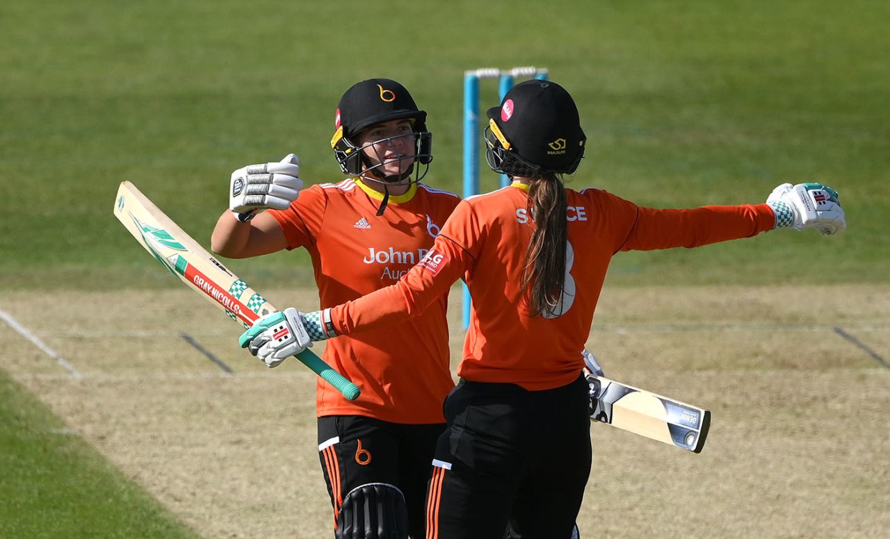 Sarah Bryce and Nadine de Klerk celebrate the moment of victory, Blaze vs Diamonds, Charlotte Edwards Cup, June 2, 2023