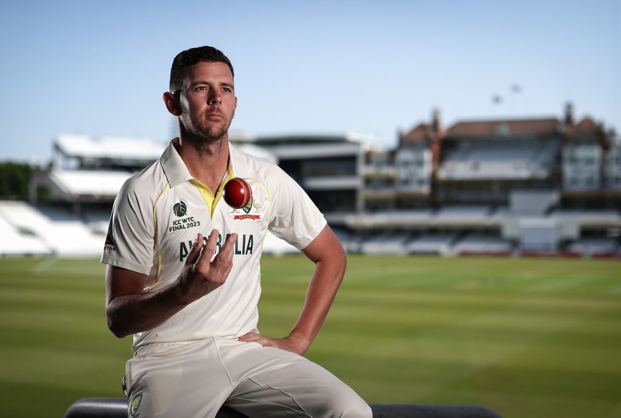 Josh Hazlewood poses with the ball for a photo session before the WTC final, The Oval, London, June 2, 2023