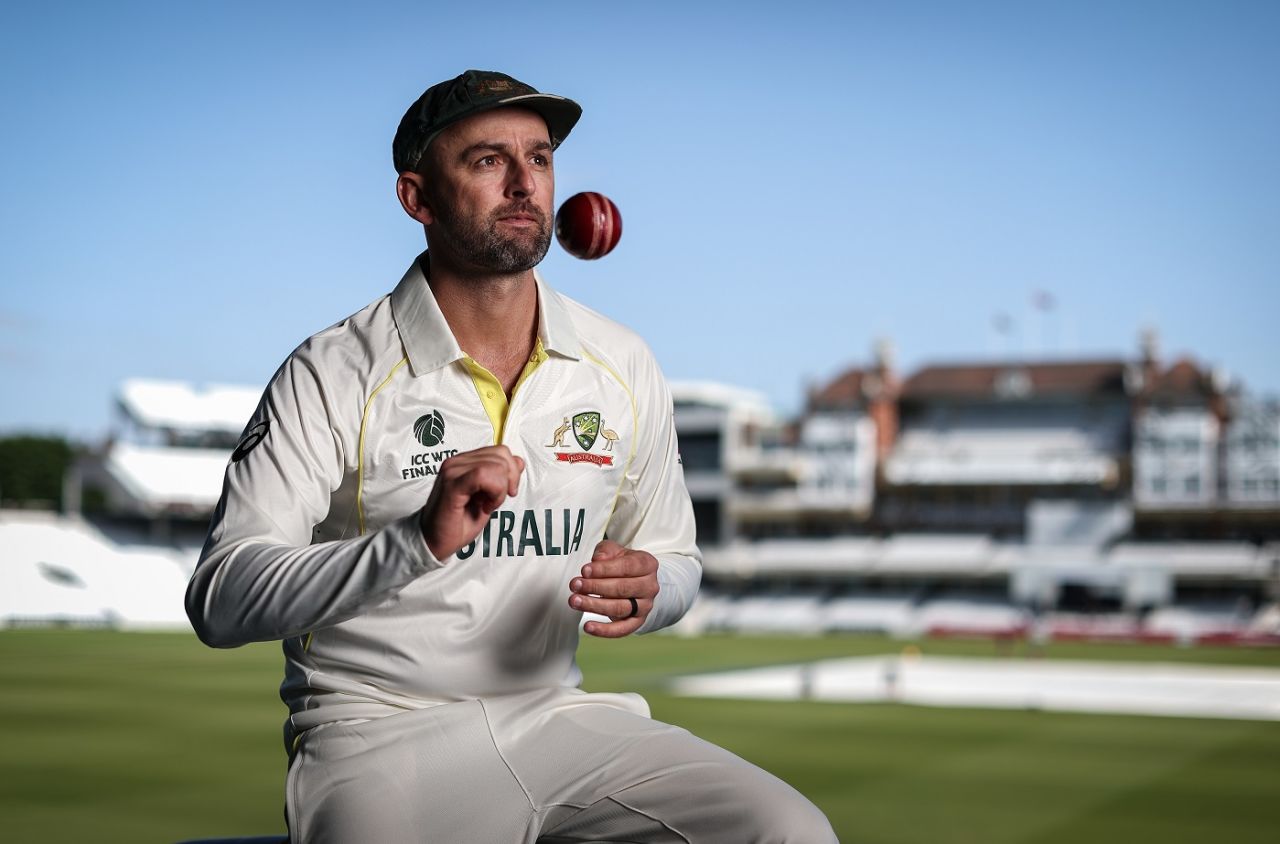 Nathan Lyon tosses the ball up as he poses for a photo session, The Oval, London, June 2, 2023