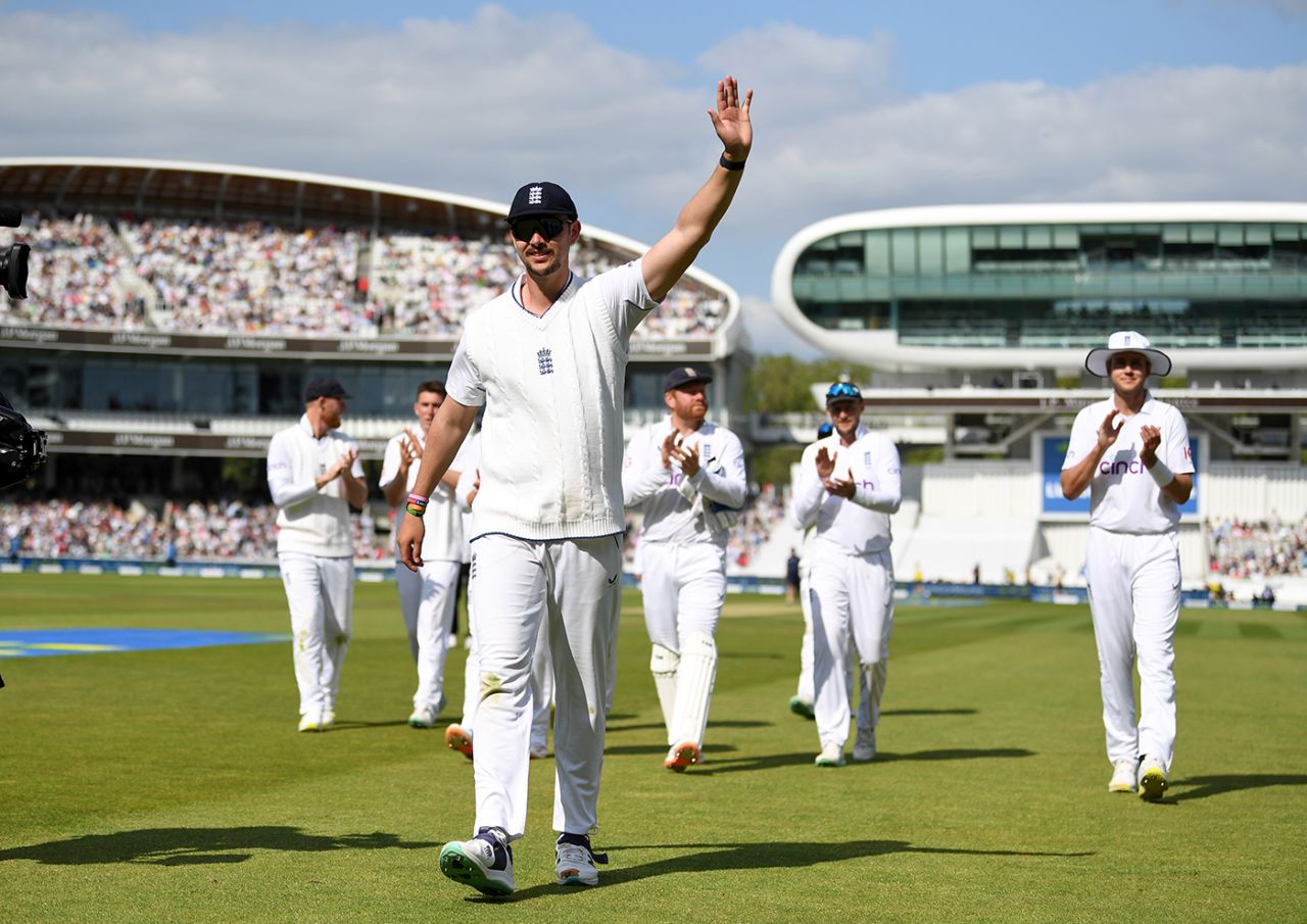 Josh Tongue leads England off the field after his five-for, England vs Ireland, only Test, Lord's, 3rd day, June 3, 2023