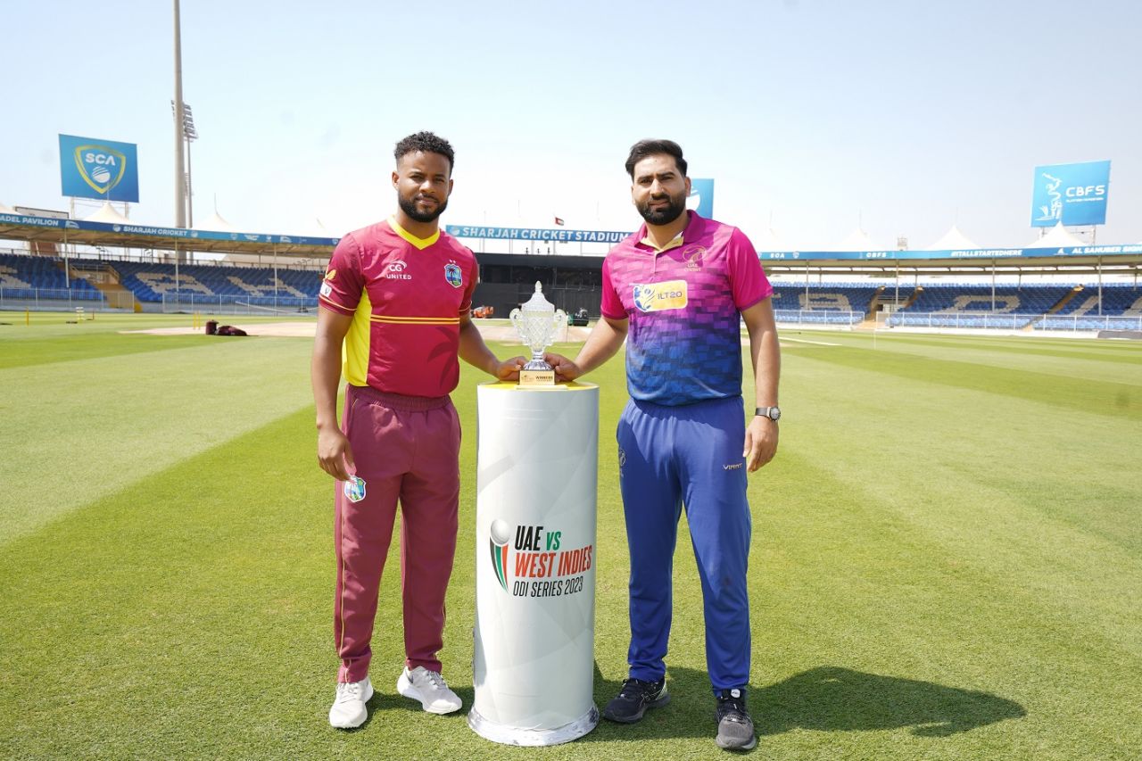 Shai Hope and Muhammad Waseem with the series trophy, Sharjah, June 3, 2023