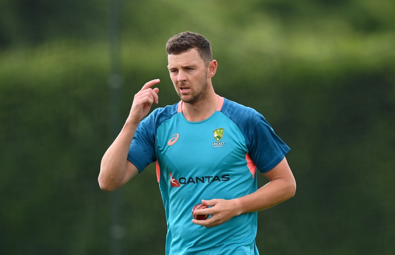 Josh Hazlewood prepares to bowl at the nets, The Oval, London, June 3, 2023