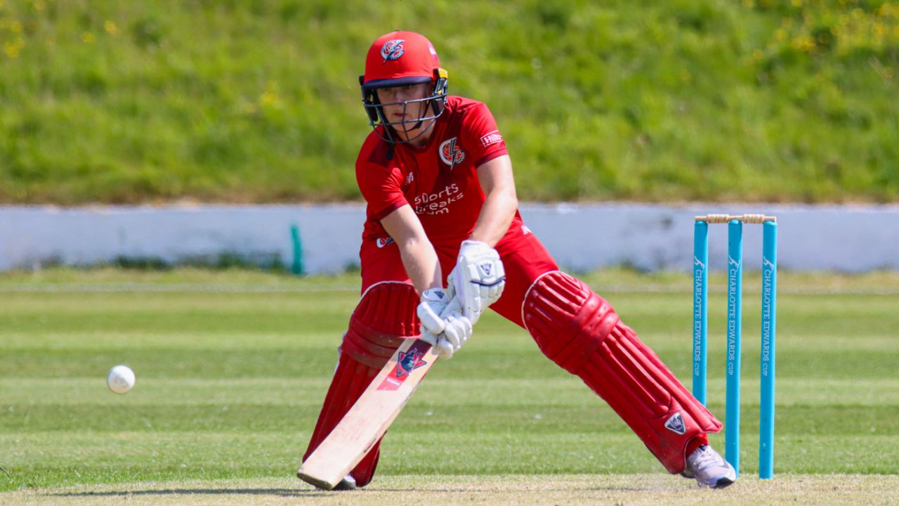 Emma Lamb scoops over fine leg for a boundary to bring up a half-century, Thunder v South East Stars, Charlotte Edwards Cup, Blackpool, June 4, 2023
