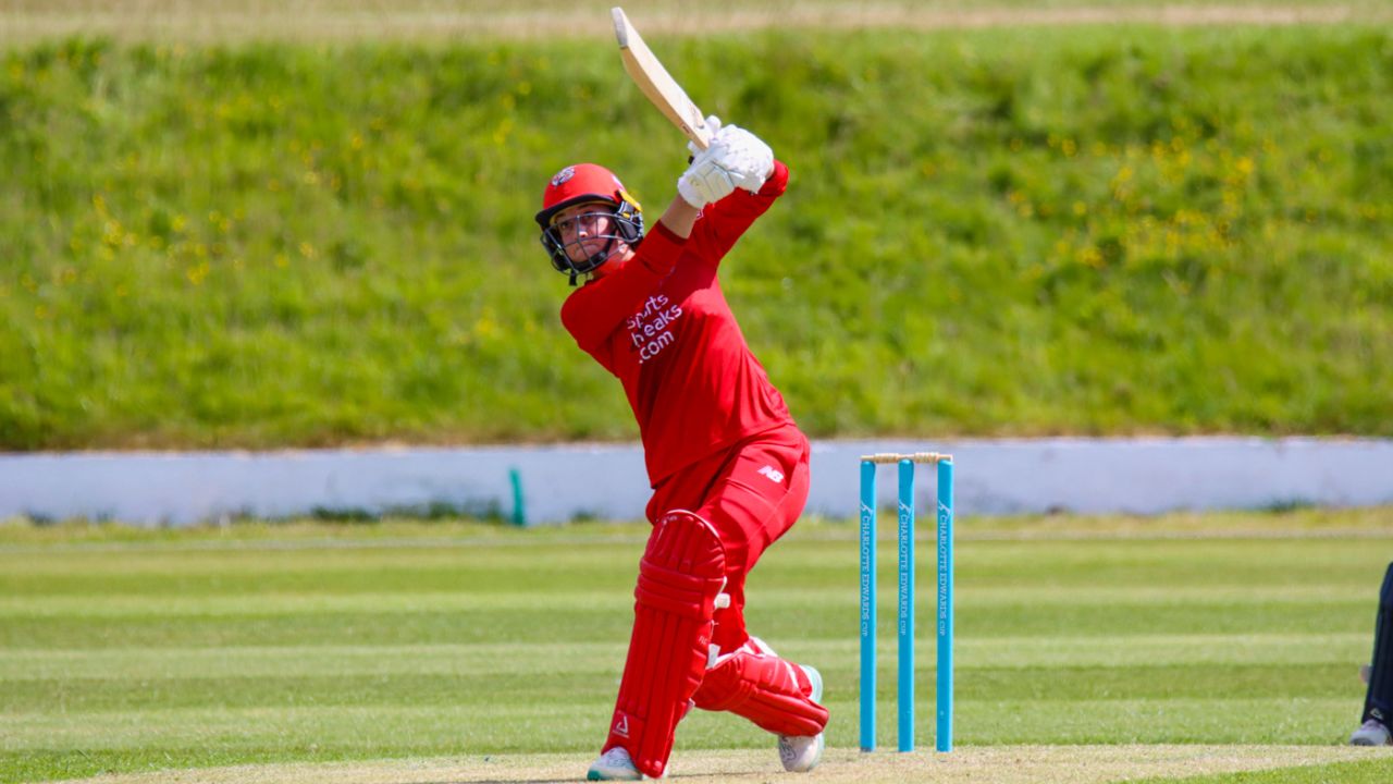Fi Morris drives a six over long-on, Thunder v South East Stars, Charlotte Edwards Cup, Blackpool, June 4, 2023