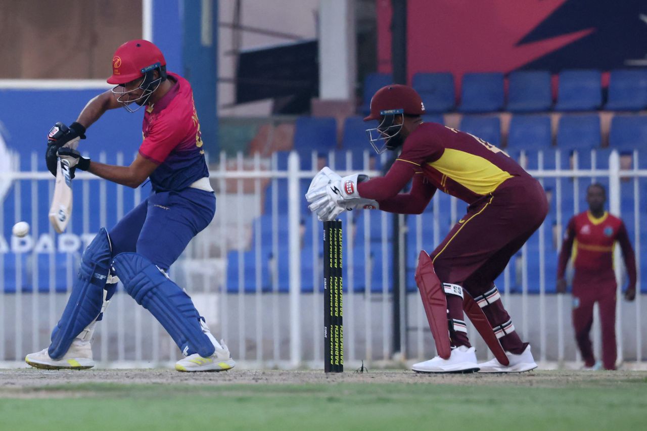 Shai Hope reacts behind the stumps as Ali Naseer shapes to cut the ball, UAE vs West Indies, 1st ODI, Sharjah, June 4, 2023