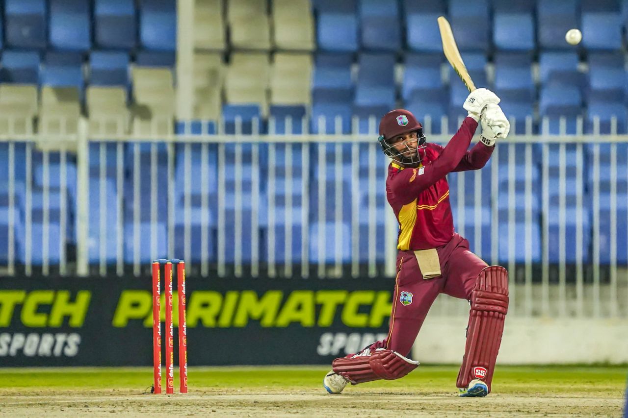 Brandon King smacks a cover drive, UAE vs West Indies, 1st ODI, Sharjah, June 4, 2023