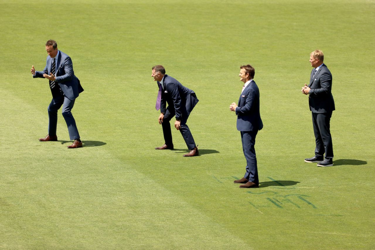 Commentators (from left) Michael Vaughan, Michael Hussey, Adam Gilchrist and Shane Warne, film a TV segment standing in slips, Australia vs England, Men's Ashes, 5th Test, 3rd day, Hobart, January 16, 2021