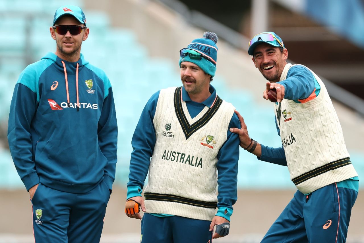 Josh Hazlewood, Travis Head and Mitchell Starc share a light moment during Australia's practice session, The Oval, June 5, 2023