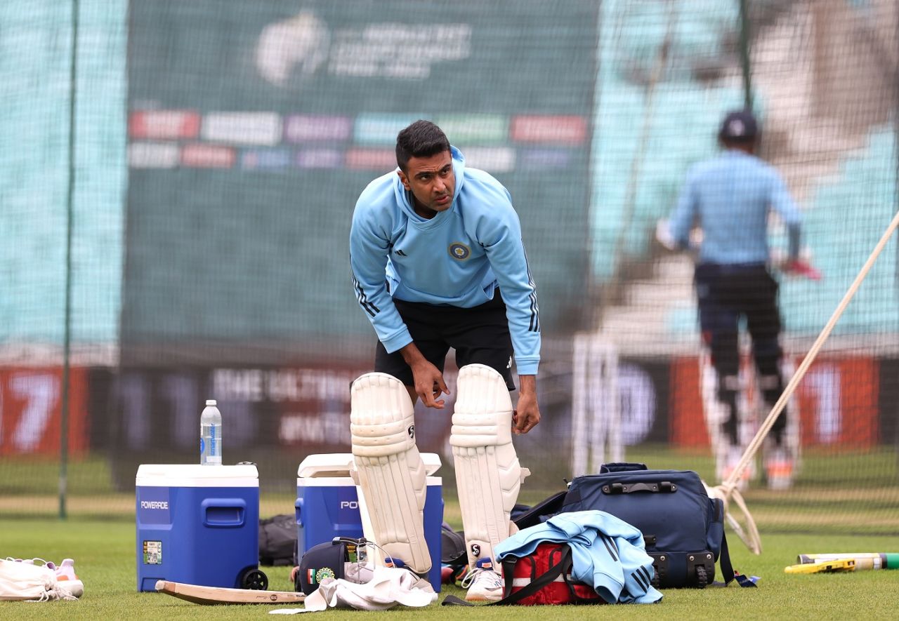R Ashwin gets ready for a net session, London, June 6, 2023