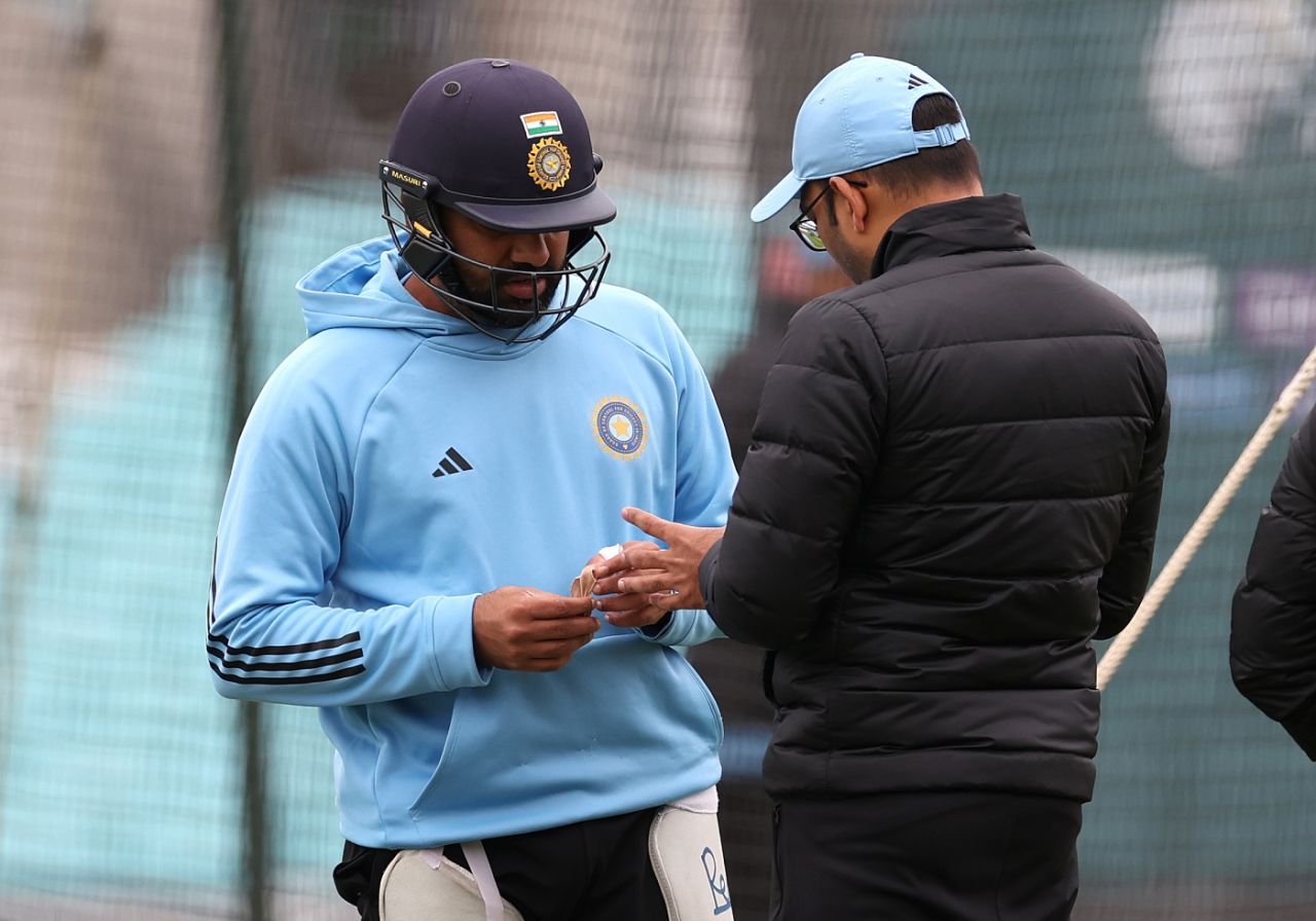 Rohit Sharma is being tended to after copping a blow on his left thumb, London, June 6, 2023