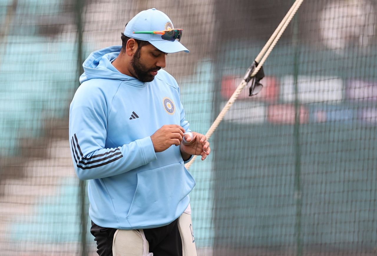 Rohit Sharma looks at his thumb on which he copped a blow on the eve of the WTC final, London, June 6, 2023