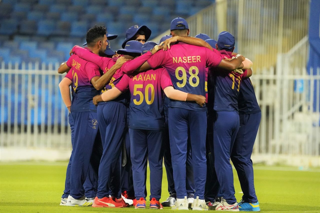 The UAE players get into a huddle, UAE vs West Indies, 2nd ODI, Sharjah, June 6, 2023
