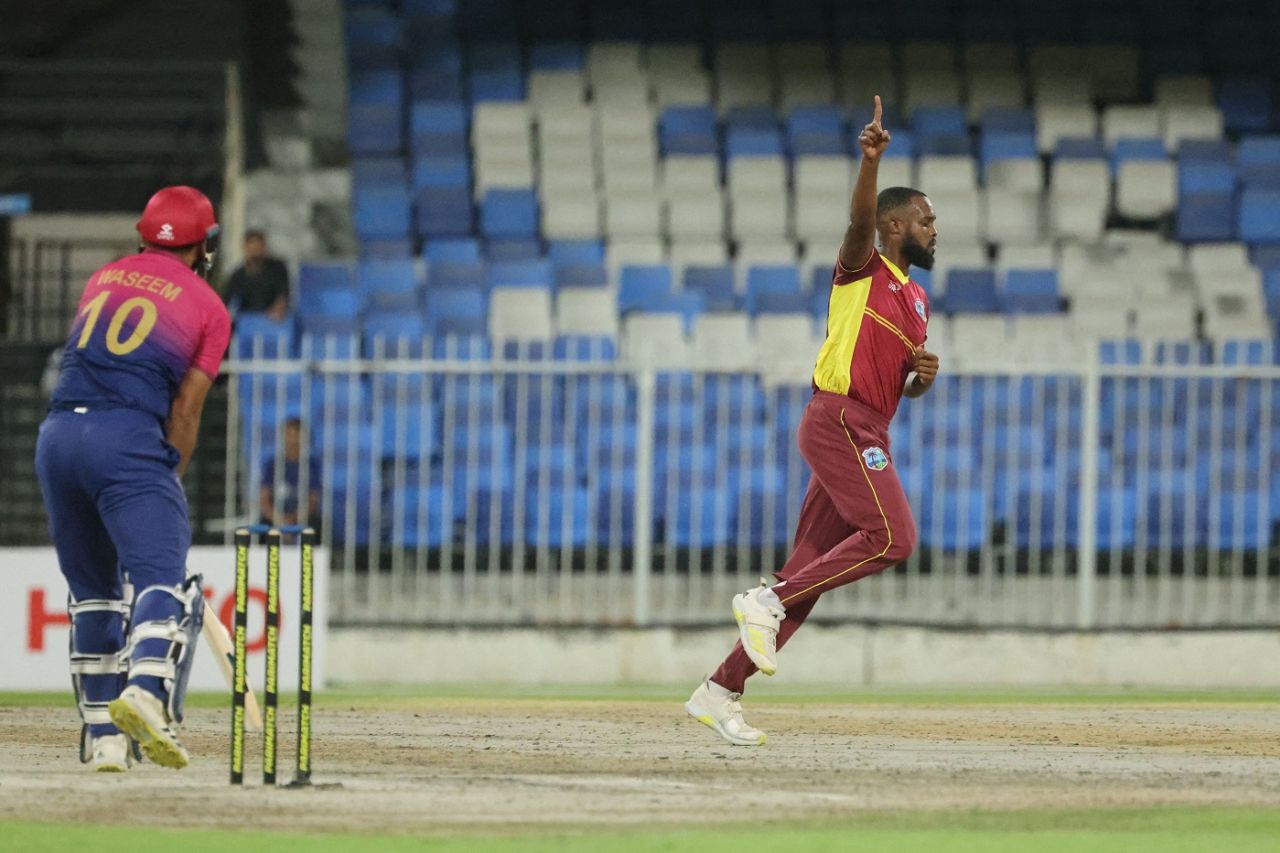 Akeem Jordan wheels away after dismissing Muhammad Waseem, UAE vs West Indies, 2nd ODI, Sharjah, June 6, 2023