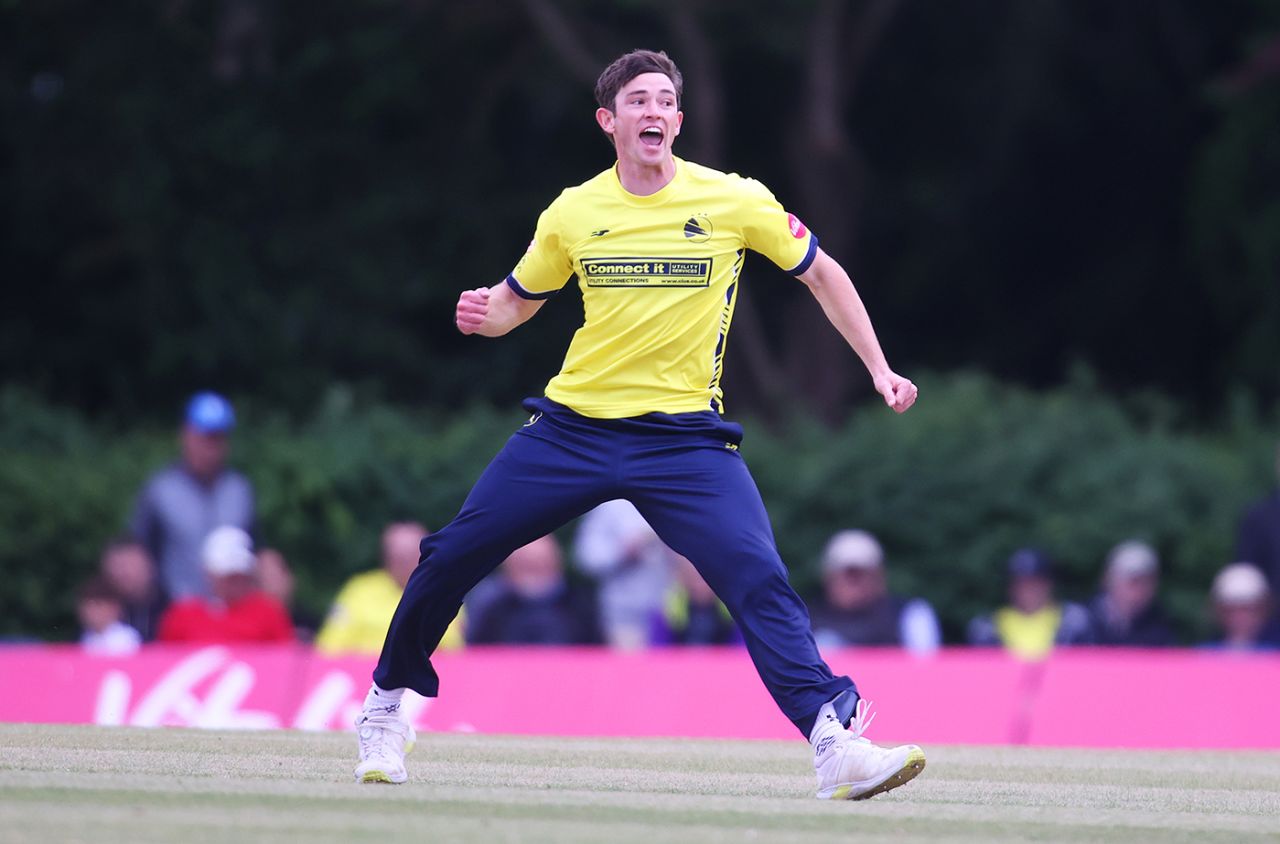 John Turner celebrates a wicket, Vitality Blast, Middlesex vs Hampshire Hawks, Radlett Cricket Club, June 06, 2023