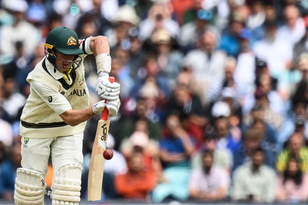 Marnus Labuschagne defends one, Australia vs India, WTC final, day one, London, June 7, 2023