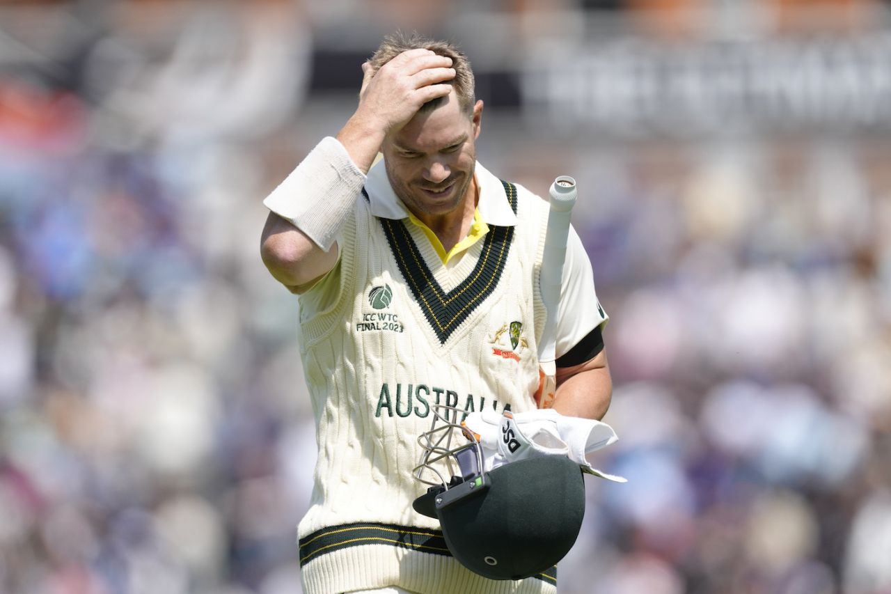 David Warner walks back after gloving a pull off Shardul Thakur to KS Bharat, Australia vs India, WTC final, The Oval, London, 1st day, June 7, 2023