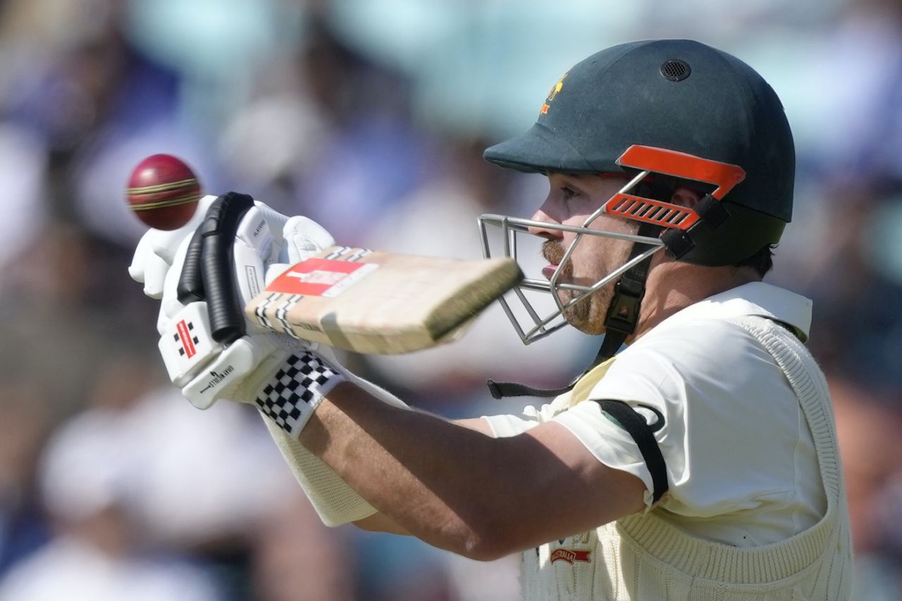 Travis Head gets up close to the short ball to play it, Australia vs India, WTC final, day one, London, June 7, 2023