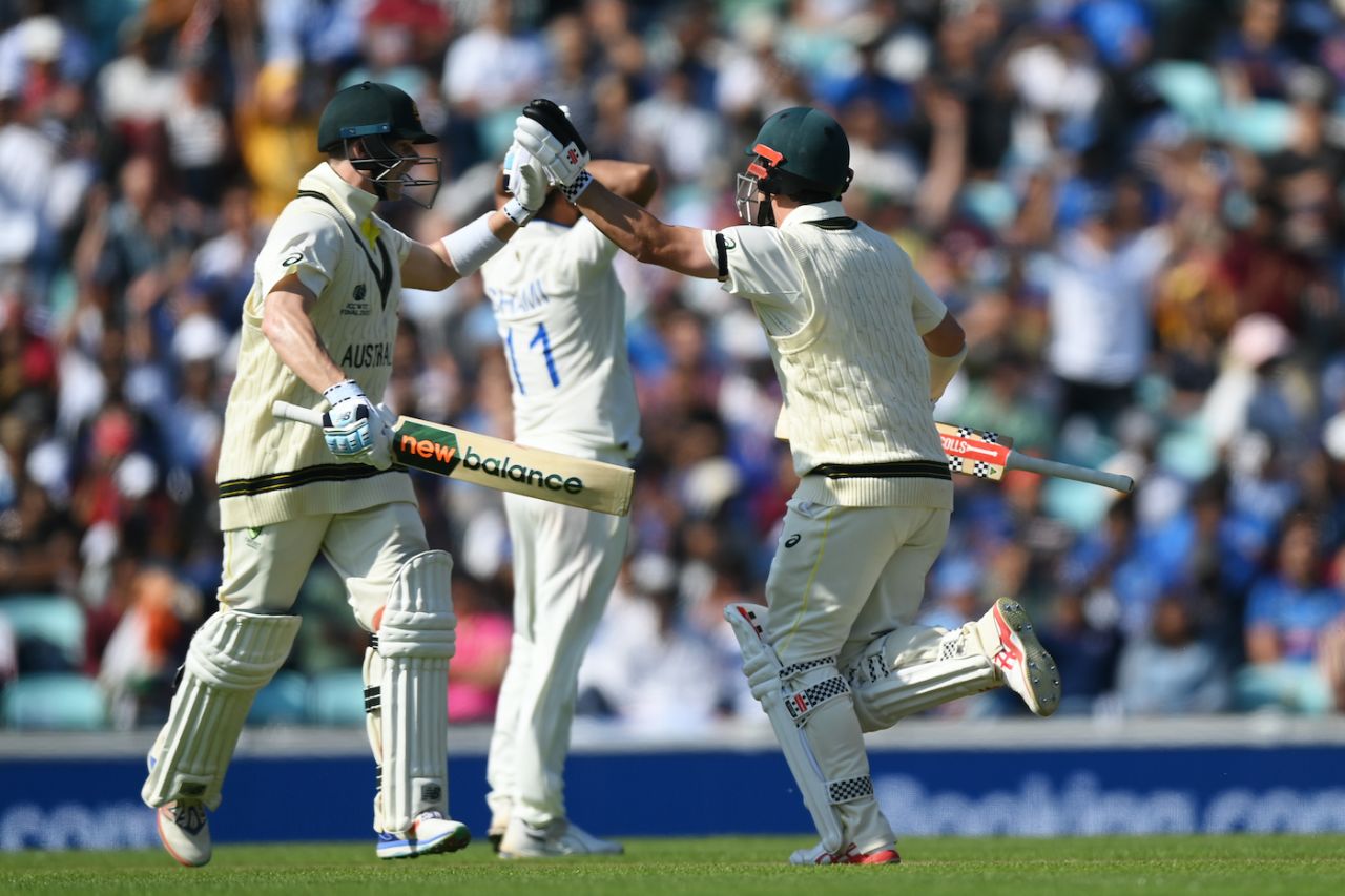Steven Smith and Travis Head celebrate the latter's ton mid-run, Australia vs India, WTC final, day one, London, June 7, 2023