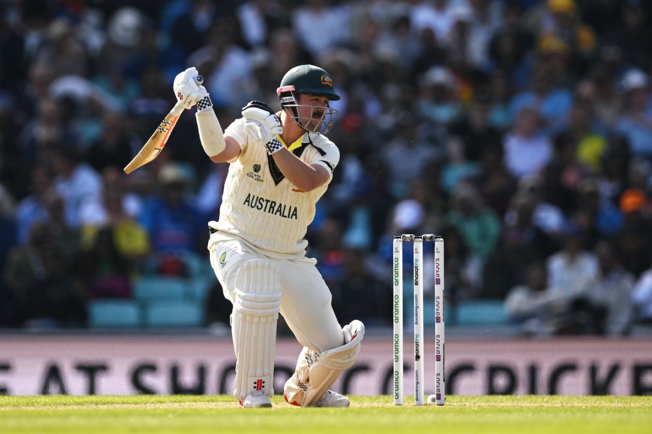 Travis Head finishes his one-handed drive, Australia vs India, WTC final, day one, London, June 7, 2023