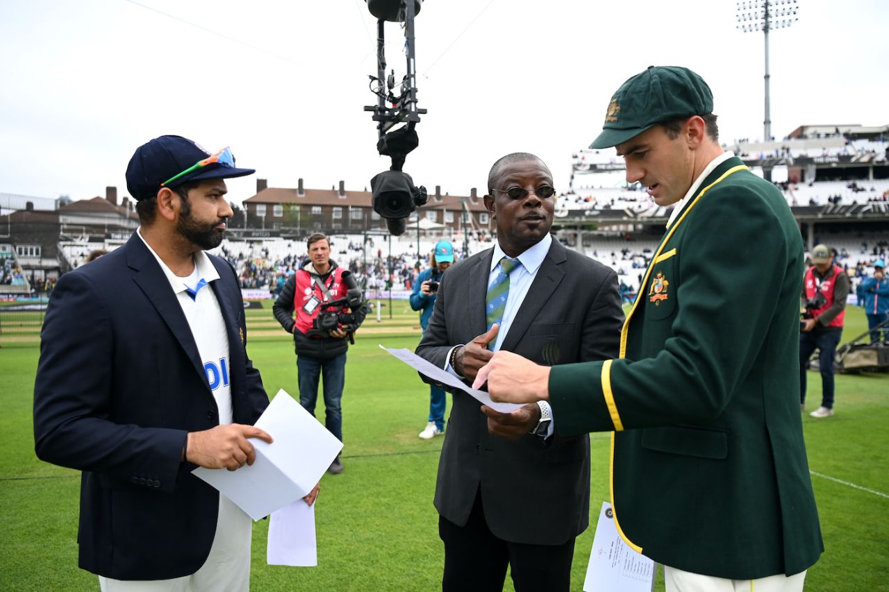 Rohit Sharma and Pat Cummins at the toss alongside Richie Richardson, the match referee, Australia vs India, WTC final, day one, London, June 7, 2023 