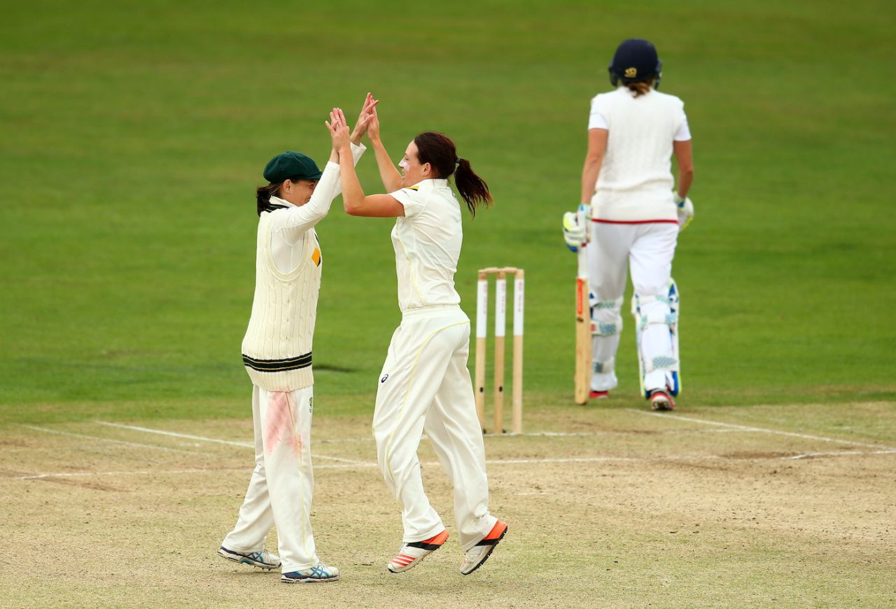 Megan Schutt celebrates the wicket of Laura Marsh, England Women v Australia Women, Only Test, 2nd day, Women's Ashes, Wormsley, August 12, 2013