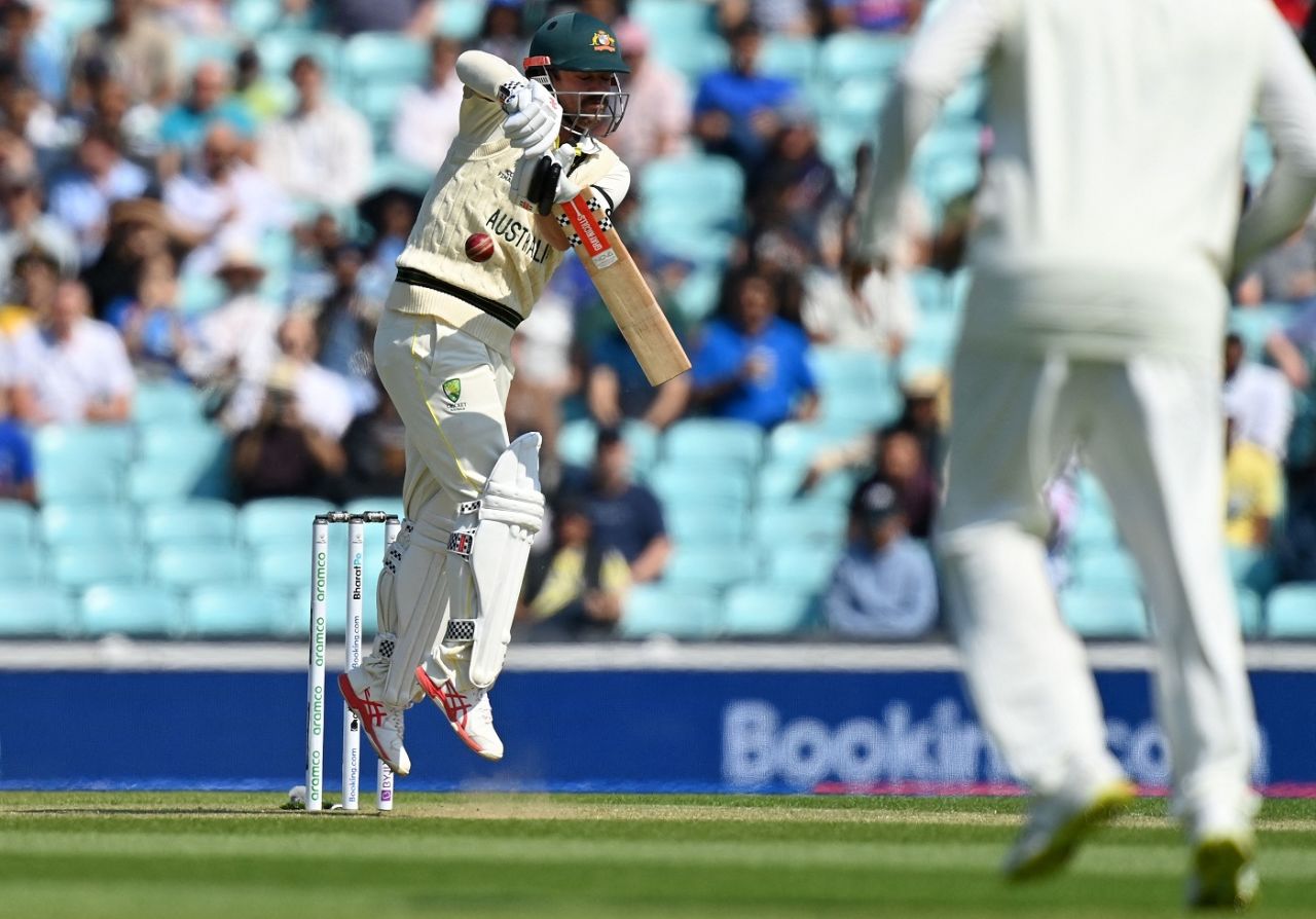 A leap and a push: Travis Head is attacked by the short ball, Australia vs India, WTC final, 2nd day, The Oval, London, June 8, 2023