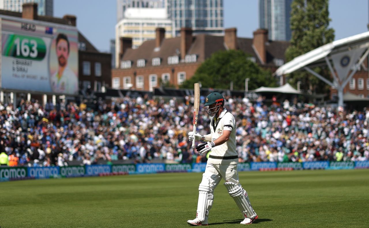 Travis Head walks off after an attacking knock of 163, Australia vs India, WTC final, 2nd day, The Oval, London, June 8, 2023
