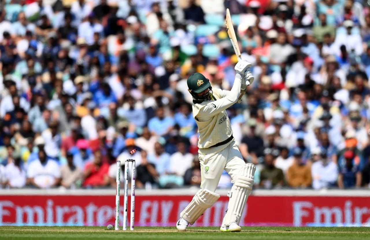 Nathan Lyon missed a wild swing and was castled, WTC final, 2nd day, The Oval, London, June 8, 2023