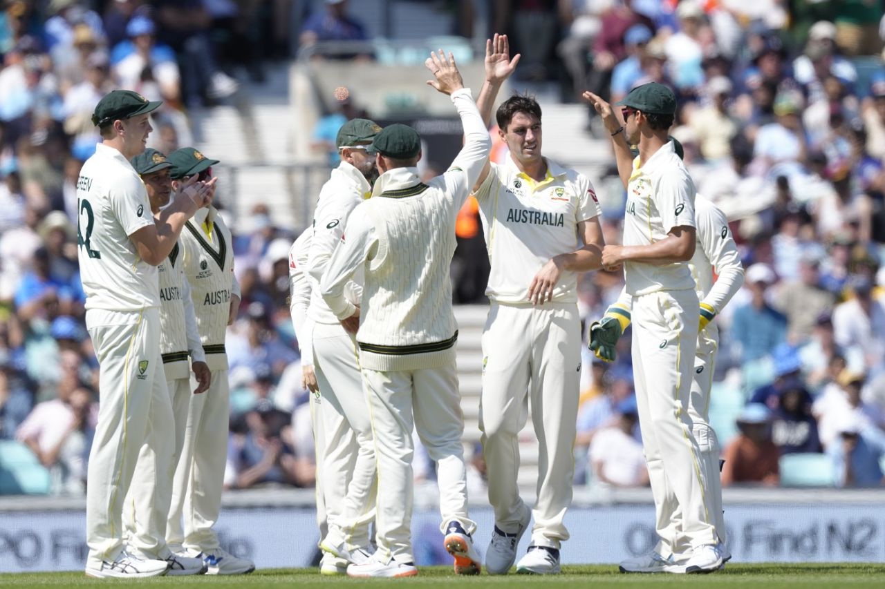 Pat Cummins celebrates dismissing Rohit Sharma, Australia vs India, WTC final, second day, The Oval, London, June 8, 2023