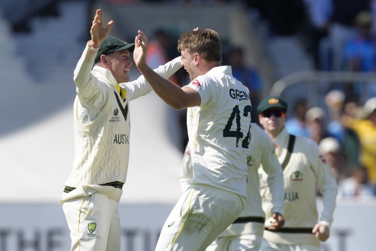 Cameron Green celebrates after bowling Cheteshwar Pujara, Australia vs India, WTC final, second day, The Oval, London, June 8, 2023 