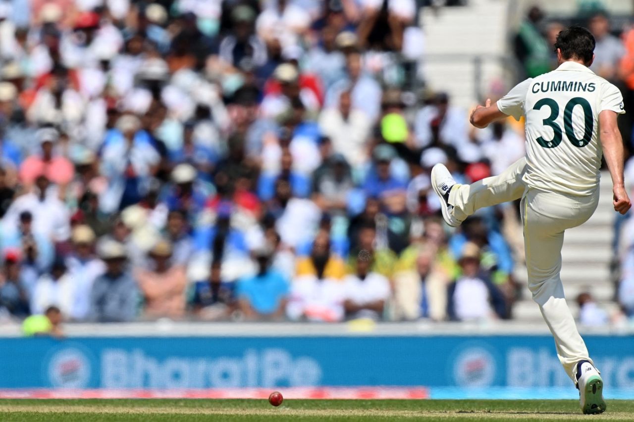 Pat Cummins kicks the ball in frustration after a second no-ball reprieve for India, Australia vs India, WTC final, third day, The Oval, London, June 9, 2023