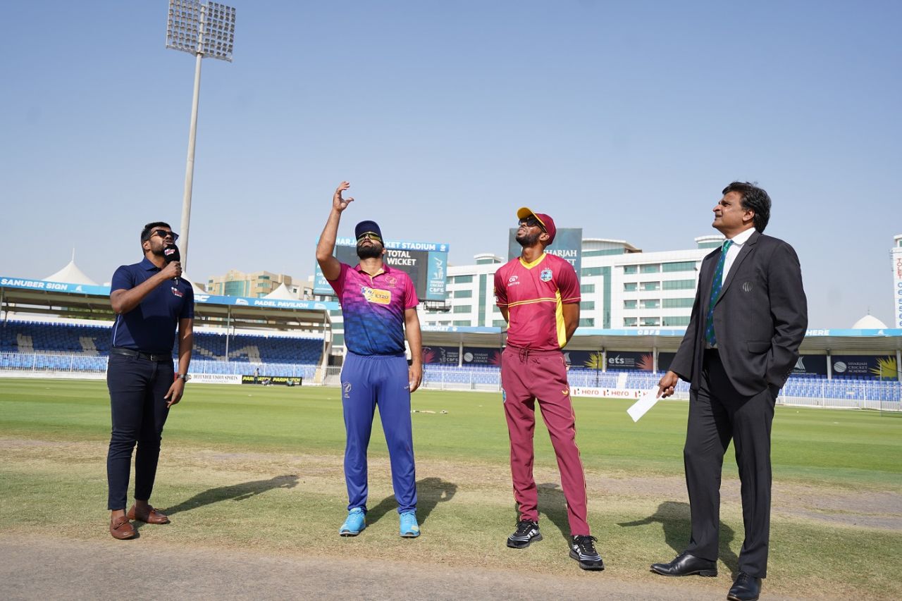Muhammad Waseem and Roston Chase at the toss, UAE vs West Indies, 3rd ODI, Sharjah, June 9, 2023